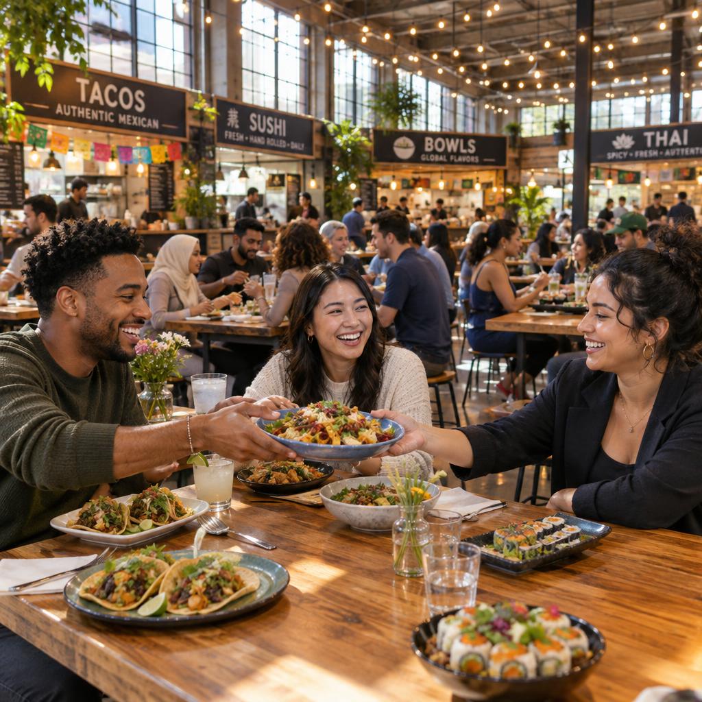 A bustling neighborhood food hall filled with diverse groups of friends sharing plates and enjoying vibrant meals at communal tables. In the foreground, a group of three friends, dressed in casual, modest attire, laugh and pass colorful dishes laden with savory foods. The middle ground shows other groups interacting around their own tables, showcasing a variety of cuisines, from tacos to sushi, emphasizing the multicultural vibe of the market. In the background, strings of warm, inviting lights hang overhead, enhancing the lively atmosphere. Natural light filters in through large windows, casting soft shadows on the polished wooden surfaces. The scene captures a sense of community and joy, embodying the spirit of sharing and exploration. A bustling neighborhood food hall filled with diverse groups of friends sharing plates and enjoying vibrant meals at communal tables. In the foreground, a group of three friends, dressed in casual, modest attire, laugh and pass colorful dishes laden with savory foods. The middle ground shows other groups interacting around their own tables, showcasing a variety of cuisines, from tacos to sushi, emphasizing the multicultural vibe of the market. In the background, strings of warm, inviting lights hang overhead, enhancing the lively atmosphere. Natural light filters in through large windows, casting soft shadows on the polished wooden surfaces. The scene captures a sense of community and joy, embodying the spirit of sharing and exploration.