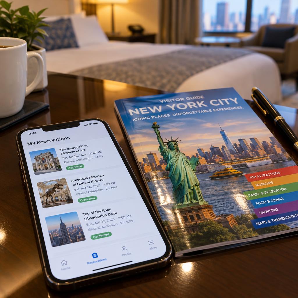 A close-up view of a modern smartphone displaying museum admission reservations, elegantly resting on a polished hotel desk. Beside the phone, a neatly arranged printed visitor guide featuring iconic New York City attractions and a stylish pen placed beside it. The foreground highlights the details of the phone's screen, while the middle section showcases the vibrant colors of the visitor guide, which has a slight sheen from overhead lighting. In the background, a softly blurred hotel room setting adds depth, with warm, inviting lighting creating a cozy atmosphere. Capture this scene from a slightly elevated angle to emphasize the desk's surface and maintain a professional, organized ambiance suitable for planning a weekend getaway. A close-up view of a modern smartphone displaying museum admission reservations, elegantly resting on a polished hotel desk. Beside the phone, a neatly arranged printed visitor guide featuring iconic New York City attractions and a stylish pen placed beside it. The foreground highlights the details of the phone's screen, while the middle section showcases the vibrant colors of the visitor guide, which has a slight sheen from overhead lighting. In the background, a softly blurred hotel room setting adds depth, with warm, inviting lighting creating a cozy atmosphere. Capture this scene from a slightly elevated angle to emphasize the desk's surface and maintain a professional, organized ambiance suitable for planning a weekend getaway.