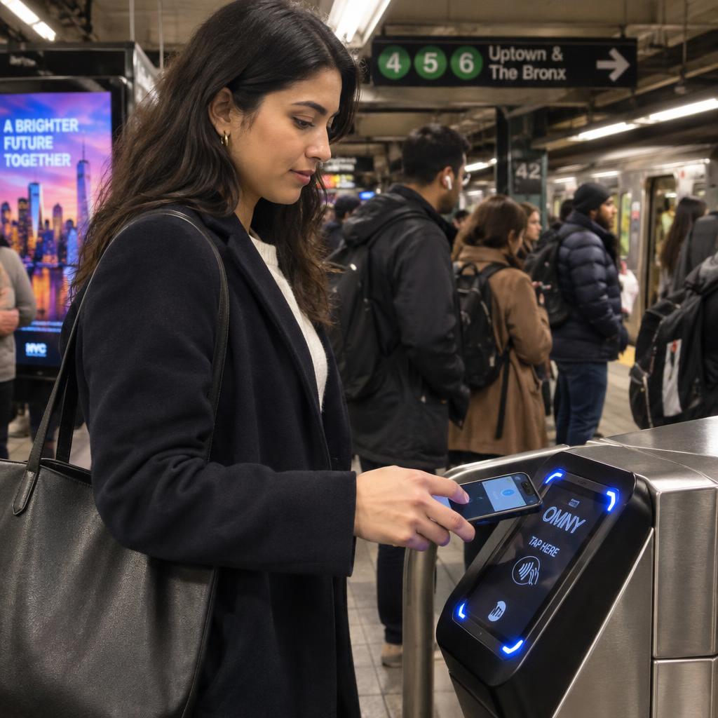 A focused shot of a subway rider, dressed in smart casual attire, tapping their smartphone against an OMNY subway reader in a bustling New York City subway station. In the foreground, capture the rider's hand confidently interacting with the sleek, high-tech reader device. In the middle ground, show the rider’s focused expression as they navigate the vibrant interface of the phone, surrounded by fellow commuters waiting for their trains. The background features a lively subway station ambiance with colorful advertisements and people moving about, illuminated by soft, warm overhead lights. The photo should be captured at eye level, creating an immersive feeling of being part of the scene, conveying a blend of modernity and urban energy, typical of New York's vibrant transportation system. A focused shot of a subway rider, dressed in smart casual attire, tapping their smartphone against an OMNY subway reader in a bustling New York City subway station. In the foreground, capture the rider's hand confidently interacting with the sleek, high-tech reader device. In the middle ground, show the rider’s focused expression as they navigate the vibrant interface of the phone, surrounded by fellow commuters waiting for their trains. The background features a lively subway station ambiance with colorful advertisements and people moving about, illuminated by soft, warm overhead lights. The photo should be captured at eye level, creating an immersive feeling of being part of the scene, conveying a blend of modernity and urban energy, typical of New York's vibrant transportation system.