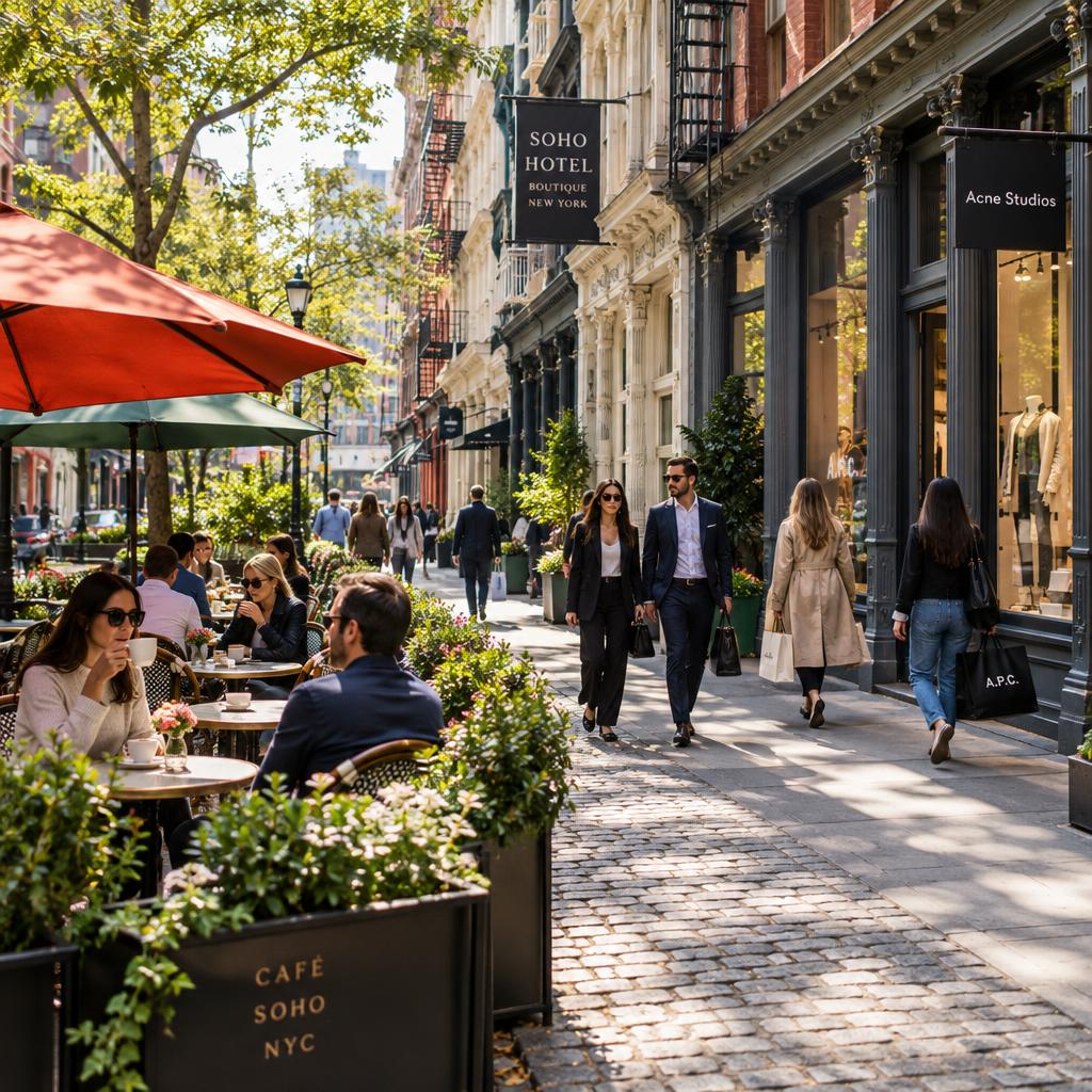 A vibrant street scene in the Boutique hotel district of SoHo, featuring elegant cast-iron buildings adorned with intricate details. In the foreground, cozy outdoor cafés with patrons enjoying coffee, framed by lush potted plants and colorful umbrellas. The middle ground showcases fashionable people walking in professional attire and leisurely shoppers exploring boutique storefronts. The background reveals a classic street lined with trees, with soft sunlight casting warm shadows across the cobblestone pavement. The atmosphere is lively and inviting, capturing the essence of New York's urban charm. The scene is viewed from a street-level perspective, with a slightly tilted angle to add depth and interest, embodying a blend of sophistication and casual urban life. A vibrant street scene in the Boutique hotel district of SoHo, featuring elegant cast-iron buildings adorned with intricate details. In the foreground, cozy outdoor cafés with patrons enjoying coffee, framed by lush potted plants and colorful umbrellas. The middle ground showcases fashionable people walking in professional attire and leisurely shoppers exploring boutique storefronts. The background reveals a classic street lined with trees, with soft sunlight casting warm shadows across the cobblestone pavement. The atmosphere is lively and inviting, capturing the essence of New York's urban charm. The scene is viewed from a street-level perspective, with a slightly tilted angle to add depth and interest, embodying a blend of sophistication and casual urban life.