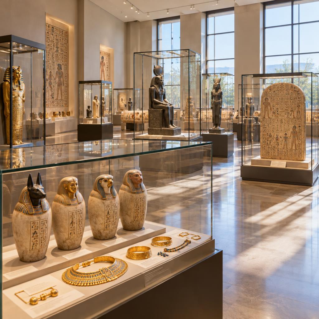 Ancient Egyptian artifacts displayed elegantly in glass cases inside a bright, airy museum gallery. In the foreground, illuminated items like intricately carved canopic jars and golden jewelry gleam under spotlights, showcasing their rich details. The middle layer reveals more artifacts, such as statues of deities and hieroglyph-covered inscriptions, arranged neatly for enhanced visibility. In the background, large windows allow natural light to flood the space, creating a welcoming atmosphere. The gallery walls are adorned with subtle, neutral colors, enhancing the vibrancy of the artifacts. Capture this scene with a wide-angle lens, focusing on the interplay of light and shadow, evoking a sense of awe and reverence for ancient history. No people present, ensuring a peaceful, contemplative ambiance. Ancient Egyptian artifacts displayed elegantly in glass cases inside a bright, airy museum gallery. In the foreground, illuminated items like intricately carved canopic jars and golden jewelry gleam under spotlights, showcasing their rich details. The middle layer reveals more artifacts, such as statues of deities and hieroglyph-covered inscriptions, arranged neatly for enhanced visibility. In the background, large windows allow natural light to flood the space, creating a welcoming atmosphere. The gallery walls are adorned with subtle, neutral colors, enhancing the vibrancy of the artifacts. Capture this scene with a wide-angle lens, focusing on the interplay of light and shadow, evoking a sense of awe and reverence for ancient history. No people present, ensuring a peaceful, contemplative ambiance.