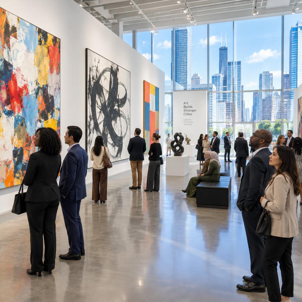 Visitors are touring a contemporary art gallery in a bustling downtown area on a vibrant afternoon. In the foreground, a diverse group of individuals in professional business attire and modest casual clothing are engaged with various art pieces, their expressions reflecting curiosity and admiration. The middle ground showcases striking, large-scale abstract artworks displayed on sleek white walls, illuminated by soft, diffused natural light streaming through expansive windows. In the background, hints of urban architecture can be seen, with skyscrapers and blue skies adding to the lively atmosphere. Capture this scene with a wide-angle lens to emphasize depth, providing a sense of space and community within the gallery. The overall mood is dynamic and inspiring, highlighting the intersection of art and urban life. Visitors are touring a contemporary art gallery in a bustling downtown area on a vibrant afternoon. In the foreground, a diverse group of individuals in professional business attire and modest casual clothing are engaged with various art pieces, their expressions reflecting curiosity and admiration. The middle ground showcases striking, large-scale abstract artworks displayed on sleek white walls, illuminated by soft, diffused natural light streaming through expansive windows. In the background, hints of urban architecture can be seen, with skyscrapers and blue skies adding to the lively atmosphere. Capture this scene with a wide-angle lens to emphasize depth, providing a sense of space and community within the gallery. The overall mood is dynamic and inspiring, highlighting the intersection of art and urban life.