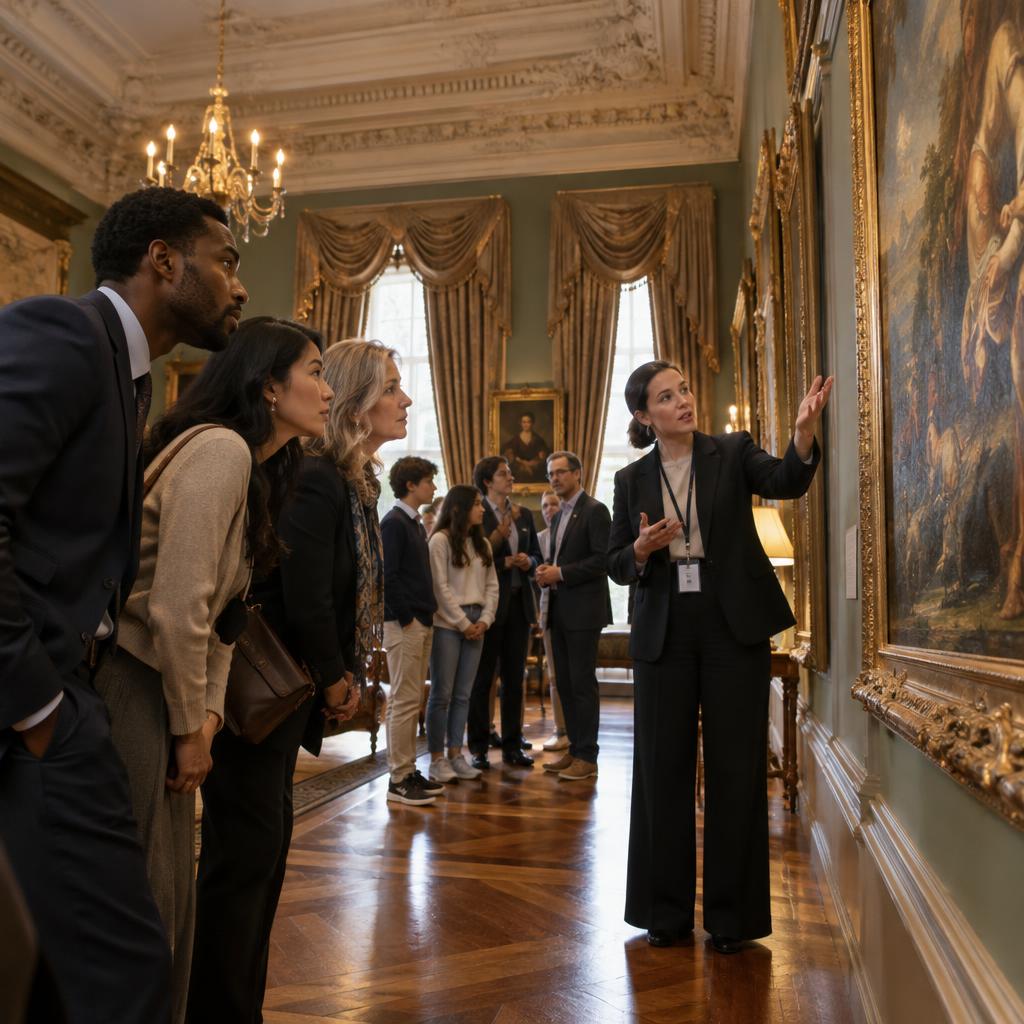 Visitors on a guided gallery tour studying old paintings in a quiet mansion. In the foreground, a diverse group of people wearing professional business attire and modest casual clothing intently examines a large, ornate oil painting, leaning in with expressions of curiosity. In the middle ground, an elegant guide, highlighting details of the artwork, gestures animatedly, surrounded by a mix of adults and teenagers engaged in conversation. The background features high ceilings adorned with intricate crown moldings, softly illuminated by warm, ambient lighting filtering through large, draped windows, casting gentle shadows on the polished wooden floors. The atmosphere is tranquil and intimate, evoking a sense of appreciation for art and history. The image should be taken from a slightly low angle, giving depth to the elegant mansion setting. Visitors on a guided gallery tour studying old paintings in a quiet mansion. In the foreground, a diverse group of people wearing professional business attire and modest casual clothing intently examines a large, ornate oil painting, leaning in with expressions of curiosity. In the middle ground, an elegant guide, highlighting details of the artwork, gestures animatedly, surrounded by a mix of adults and teenagers engaged in conversation. The background features high ceilings adorned with intricate crown moldings, softly illuminated by warm, ambient lighting filtering through large, draped windows, casting gentle shadows on the polished wooden floors. The atmosphere is tranquil and intimate, evoking a sense of appreciation for art and history. The image should be taken from a slightly low angle, giving depth to the elegant mansion setting.