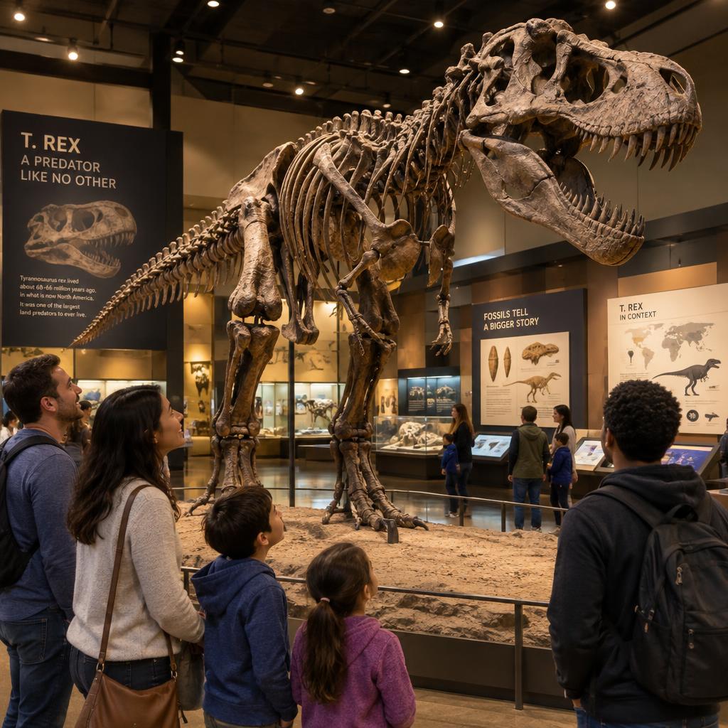 Visitors standing beside a massive dinosaur skeleton in a natural history museum exhibit. The foreground features a diverse group of casually dressed adults and children, marveling at the intricate details of the skeleton, with wide eyes and engaged expressions. In the middle, the dinosaur skeleton, an impressive Tyrannosaurus rex, is bathed in soft, ambient museum lighting that highlights its enormous bones. The background includes interactive displays with educational panels, showcasing fossil illustrations and information. The atmosphere is vibrant and curious, evoking a sense of discovery. The image is captured from an eye-level angle, giving a feeling of intimacy with the exhibit, while warm tones create an inviting ambiance. The scene conveys a sense of wonder and excitement about natural history. Visitors standing beside a massive dinosaur skeleton in a natural history museum exhibit. The foreground features a diverse group of casually dressed adults and children, marveling at the intricate details of the skeleton, with wide eyes and engaged expressions. In the middle, the dinosaur skeleton, an impressive Tyrannosaurus rex, is bathed in soft, ambient museum lighting that highlights its enormous bones. The background includes interactive displays with educational panels, showcasing fossil illustrations and information. The atmosphere is vibrant and curious, evoking a sense of discovery. The image is captured from an eye-level angle, giving a feeling of intimacy with the exhibit, while warm tones create an inviting ambiance. The scene conveys a sense of wonder and excitement about natural history.