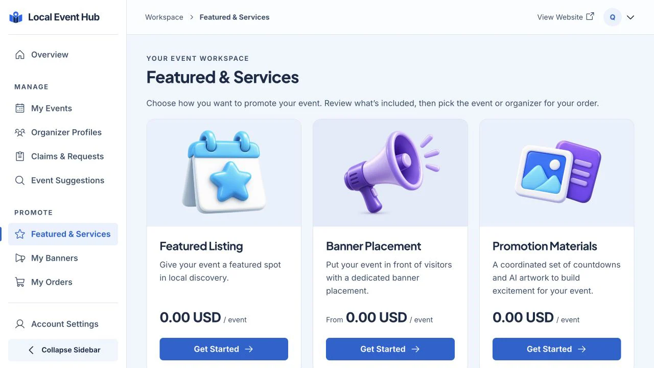 Compare the available services before selecting an event. Prices shown are examples.